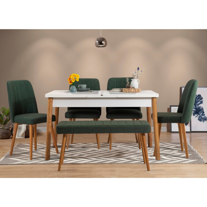 Hanah Home Santiago Atlantic-White Green Conjunto Mesa y Sillas Extensible Comedor 120/153x75x75 cm y 4 Sillas